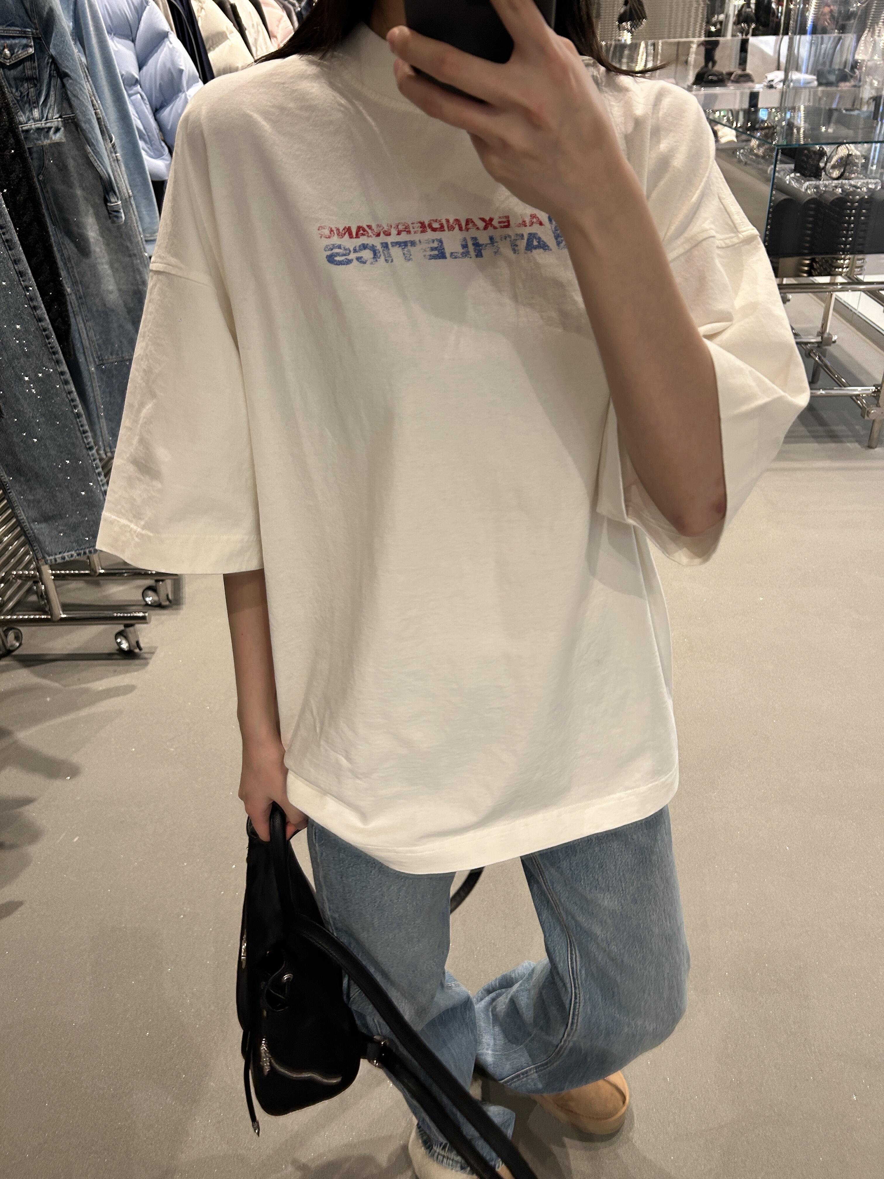 Korean Style Retro Distressed Letter Print Fitted Slim Cotton Short Sleeve T-Shirt - 25SS High-Stretch Fashion Top