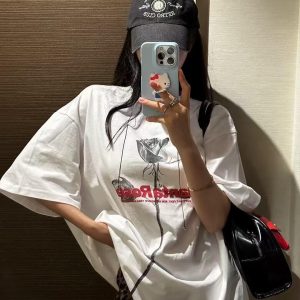 Korean Style Retro Rose Print Casual Loose Cotton Short Sleeve T-Shirt for Summer