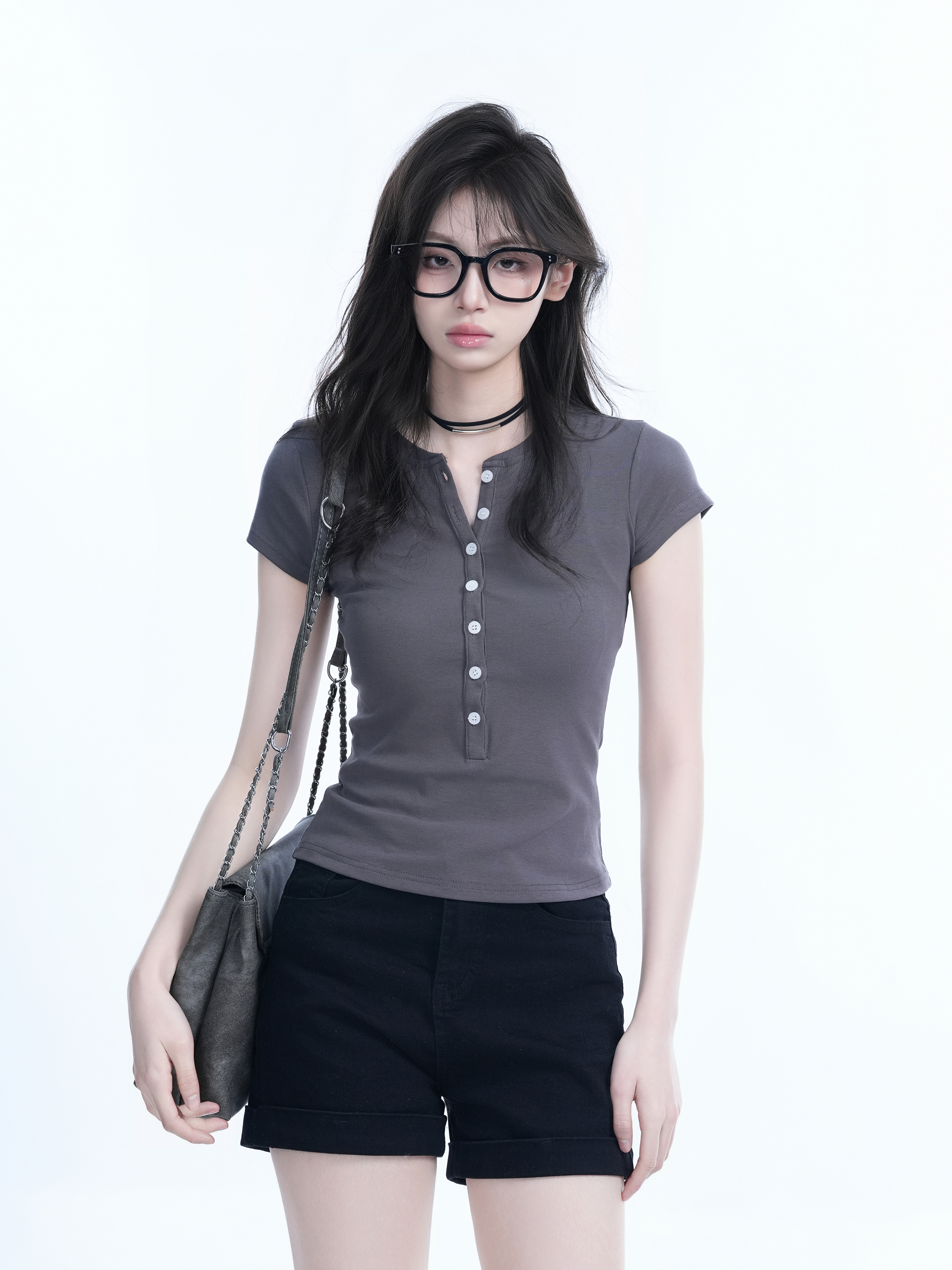 Korean Style Slim Fit Short Sleeve T-Shirt for Women with Half-Open Collar, Casual Mountain-Themed Base Shirt, Trendy Ins Fashion