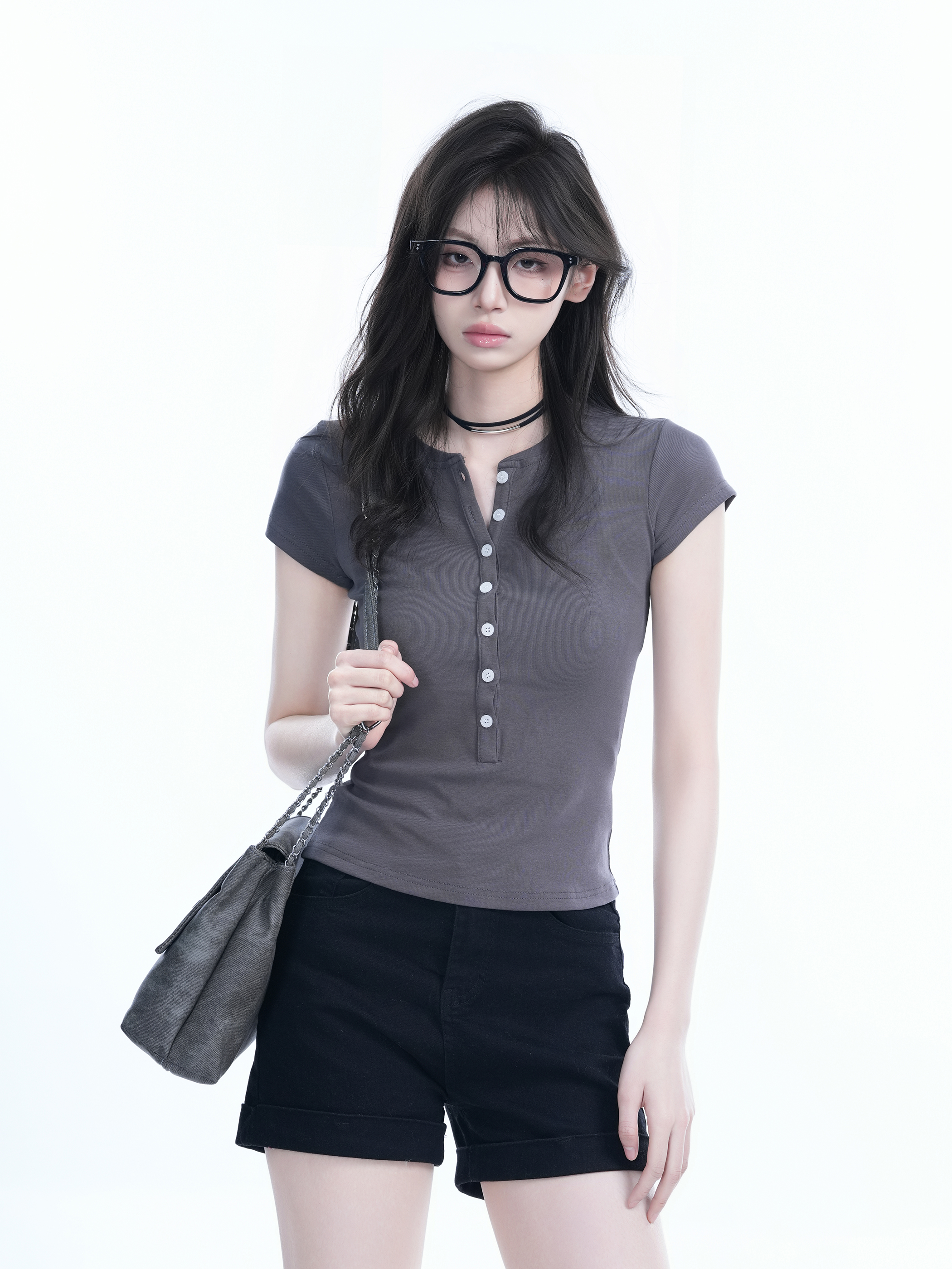 Korean Style Slim Fit Short Sleeve T-Shirt for Women with Half-Open Collar, Casual Mountain-Themed Base Shirt, Trendy Ins Fashion