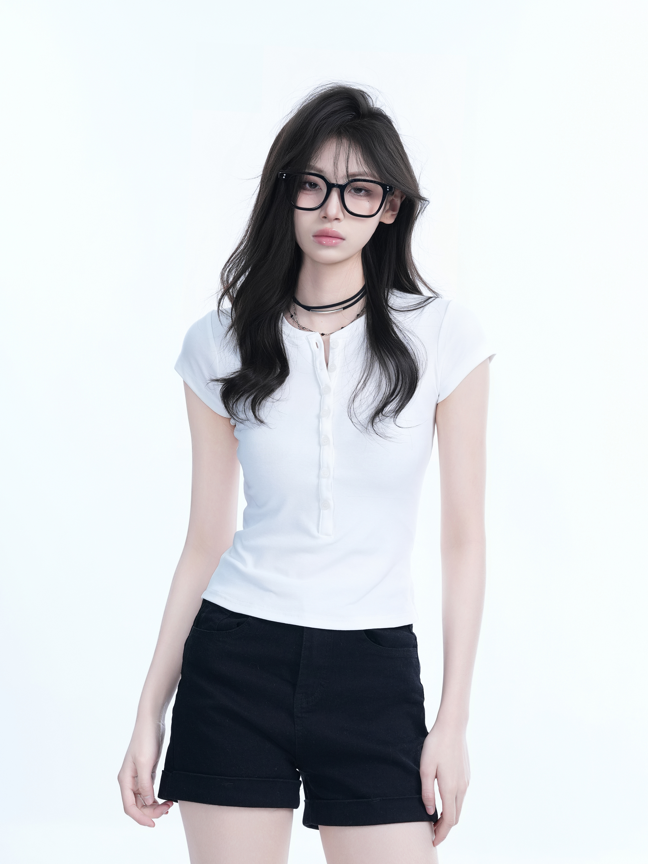 Korean Style Slim Fit Short Sleeve T-Shirt for Women with Half-Open Collar, Casual Mountain-Themed Base Shirt, Trendy Ins Fashion