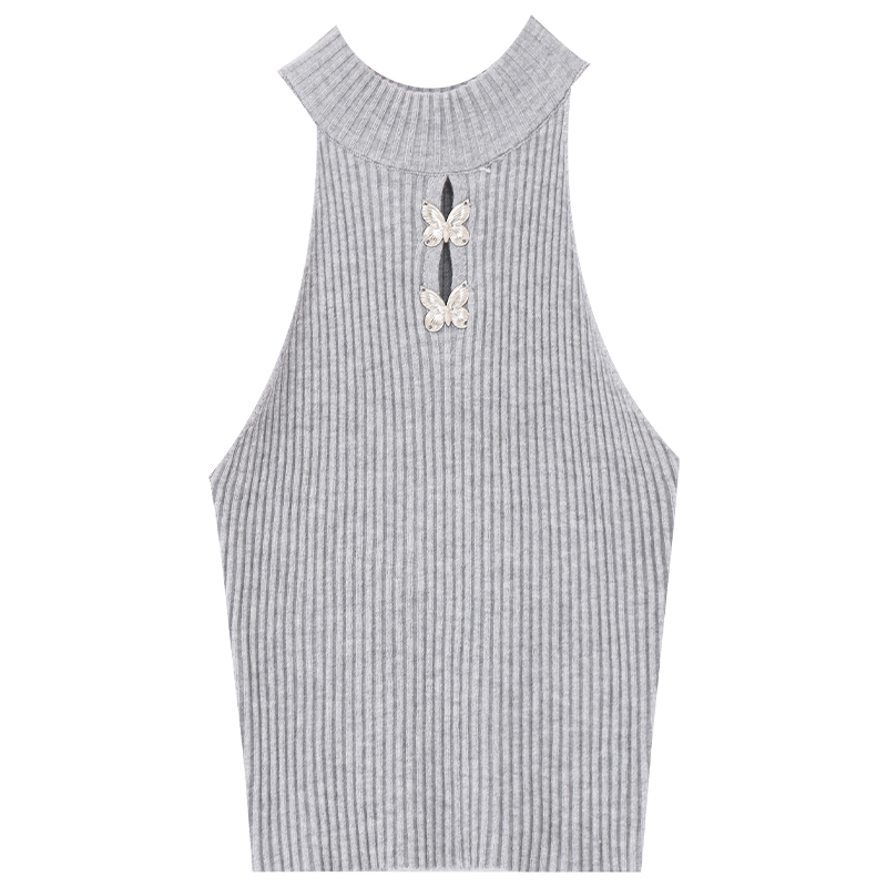 Korean Style Slim-Fit Solid Color Tank Top with Metal Butterfly Detail - Versatile Sexy Women's Hollow Design