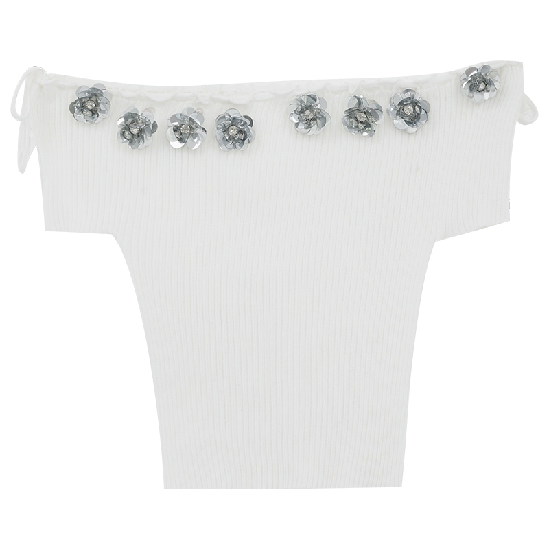 Korean Style Summer Backless One-Shoulder Knitted Top for Women with 3D Floral Design and Slim Fit Short Sleeves