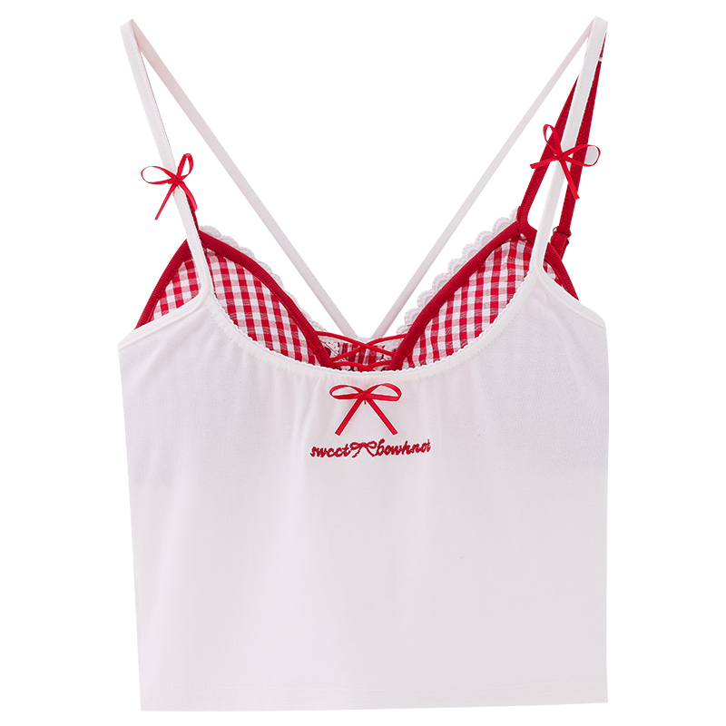 Lace Checkered Chest Pad Camisole Two-Piece Set - Women's Slim Fit Sleeveless Top for Bali Island Style, Perfect for Summer Fashion