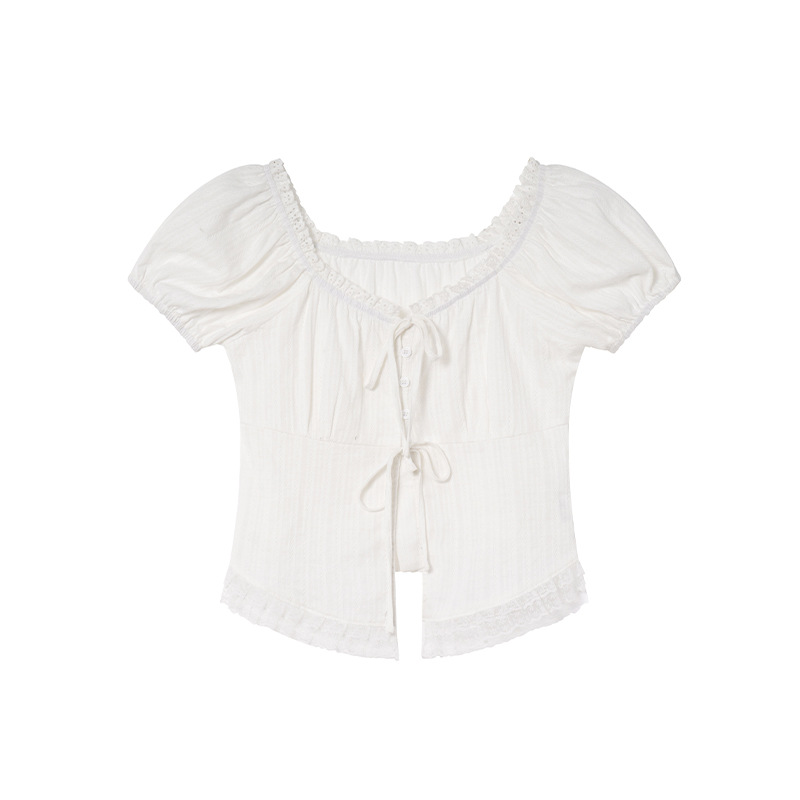 Lace Edge Tie Short-Sleeve Shirt for Women, Sweet Wind Summer Top, Exquisite Blouse, Stylish Summer Fashion, Y2K Inspired