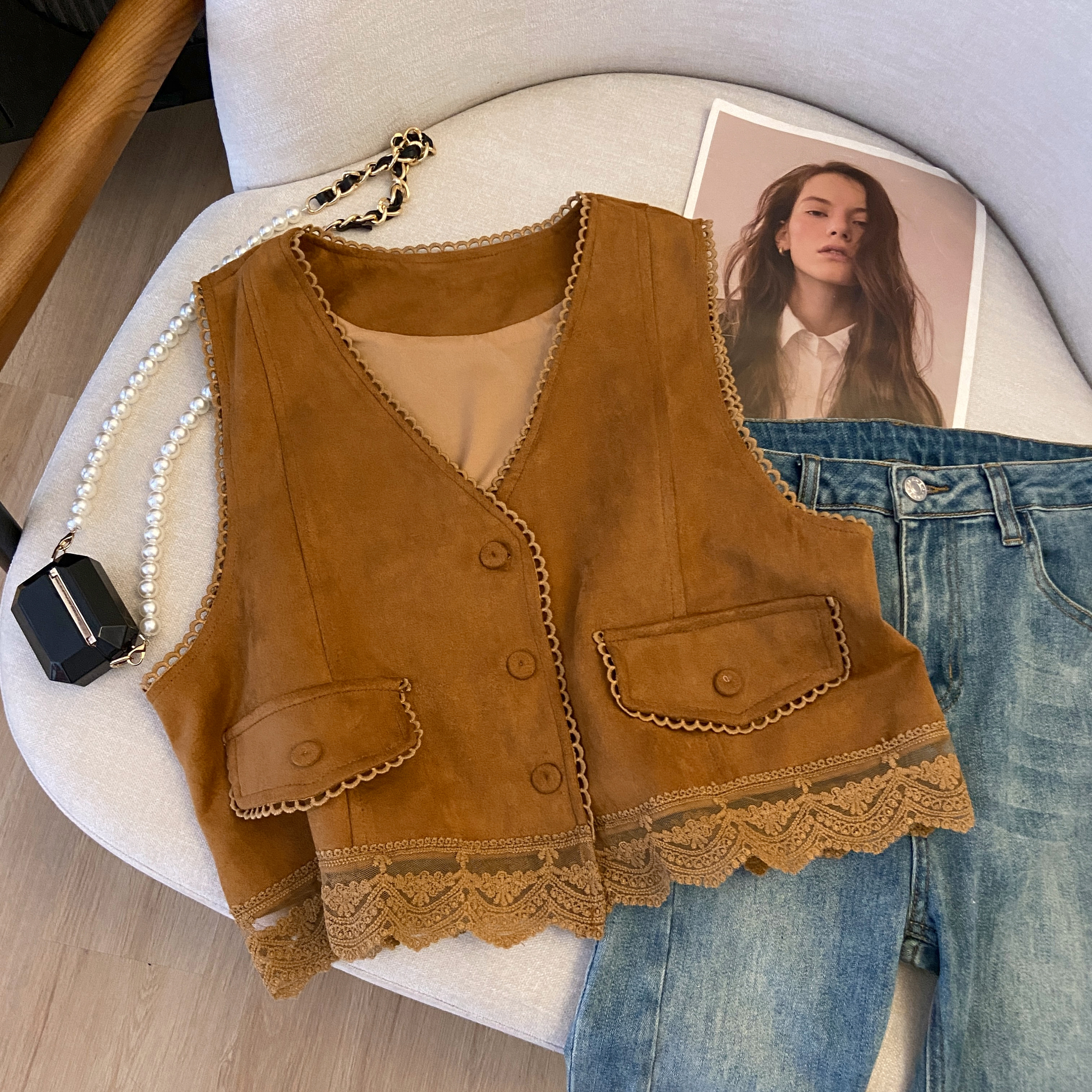 Lace Embroidered Patchwork Suede Vest for Women - Boho Short Cardigan for Travel Outfits, Ideal for 90s and Y2K Styles