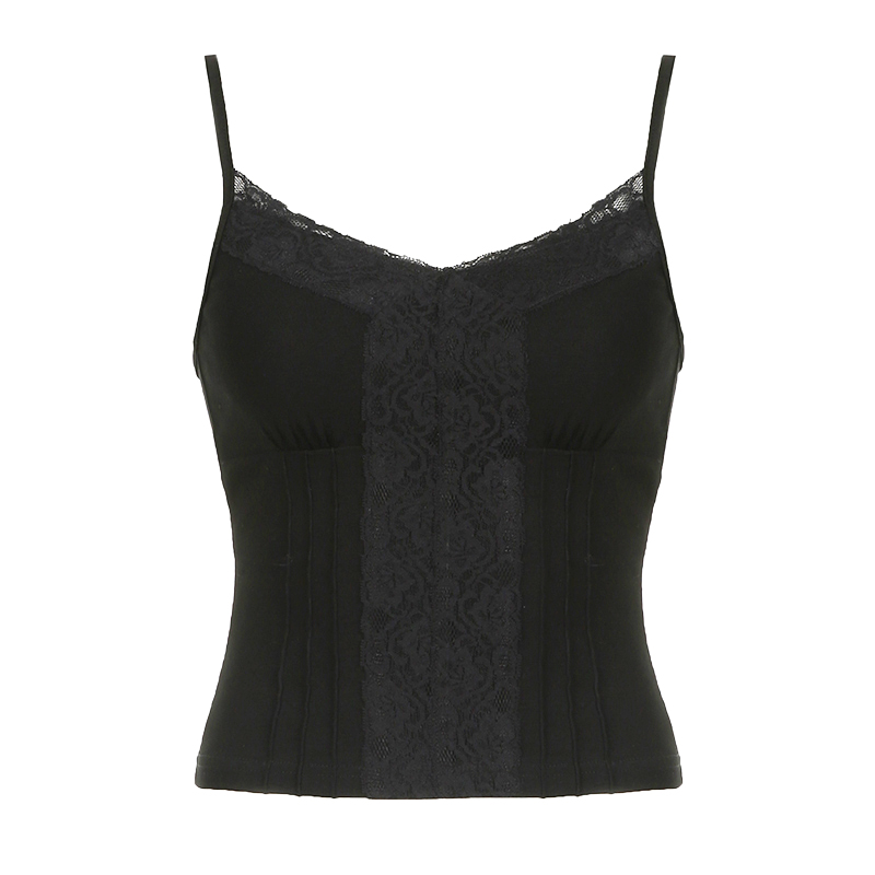 Lace Patchwork Waist-Cinching Bustier Tank Top for Women - Vintage Slim Fit, Solid Color, Short Spaghetti Straps, Y2K Style
