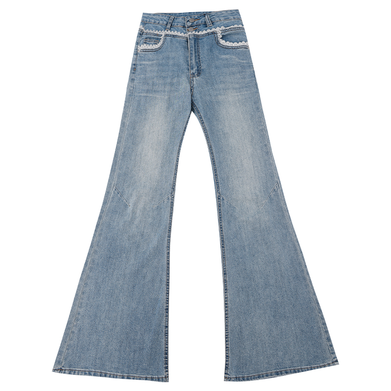 Lace Trim Flared Jeans for Women - High Waist Slimming Design, Romantic Century Style for Spring and Summer Fashion