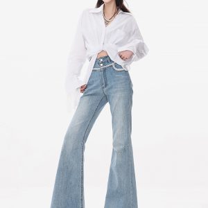 Lace Trim Flared Jeans for Women - High Waist Slimming Design, Romantic Century Style for Spring and Summer Fashion