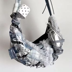 Large Capacity Patchwork Dumpling Lace Polka Dot Canvas Tote Bag for Students, Bow Detail Single Shoulder Crossbody Style