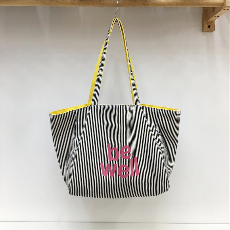 Large Capacity Striped Canvas Shoulder Bag - Double-Sided Fabric, Korean Style Casual Tote for Spring/Summer 2025