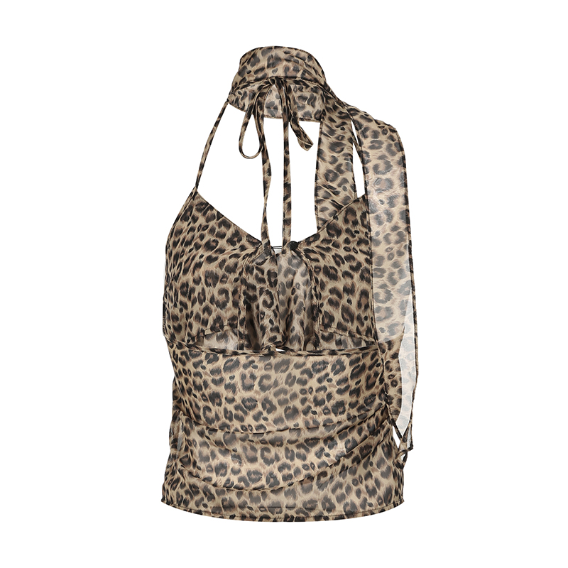 Leopard Print Halter Tie Strap Backless Crop Top with Ruffled Edge for Women - Trendy Hot Girl Party Style