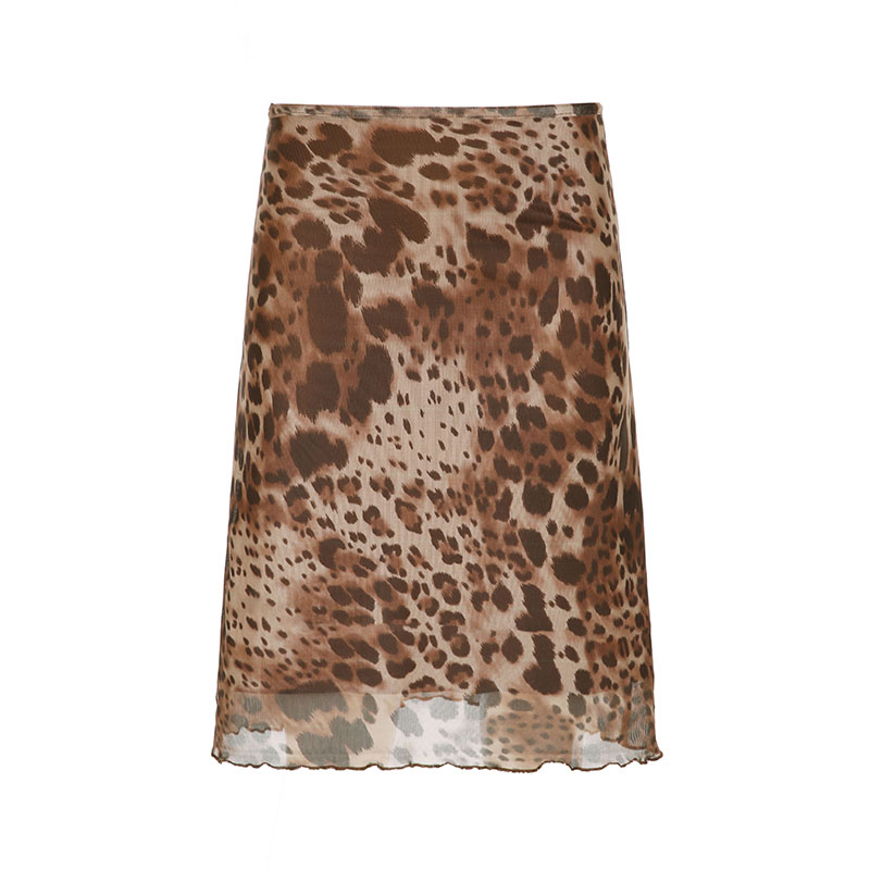 Leopard Print Mesh Skirt - Vintage Prairie Style Women's Straight Skirt, Niche Half Skirt, Boho Chic Fashion, 90s Inspired