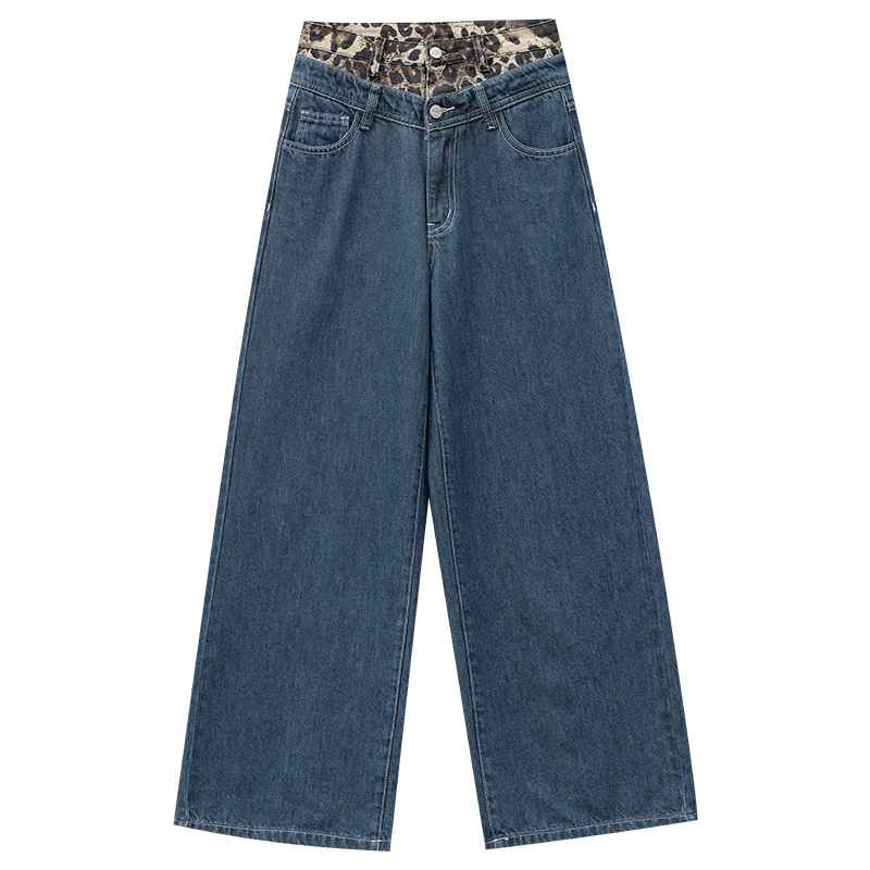 Leopard Print Spliced Denim Pants for Women - 2024 Loose Double Waist Straight Leg Trousers, Trendy Y2K Style