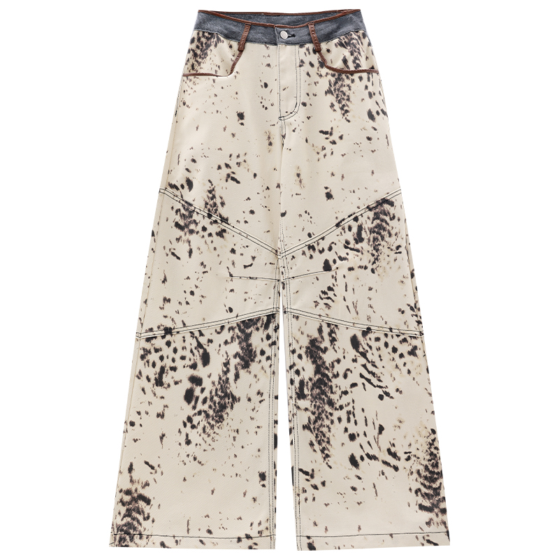 Leopard Print Wide-Leg Jeans for Women - Summer Patchwork Loose Straight-Leg Floor-Length Pants, Y2K American Style Fashion