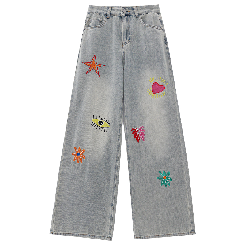 Light Blue Jacquard Embroidered Wide-Leg Jeans for Women, Loose Fit American Style Straight Pants, Trendy Casual Fashion