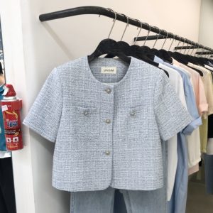 Light Blue Summer Short Blazer - Korean Style, Thin Fabric, Short Sleeve Top, 2025 Fashion, Flattering Goddess Look