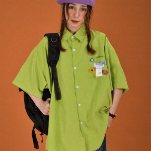 Light Yellow Vintage Short Sleeve Shirt for Women - Summer Loose Korean Style Top, Popular Half Sleeve Fashion for Students