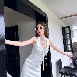 Lightweight Adjustable U-Neck Hollow Sexy Tank Dress - Slimming Tencel Summer Dress with French Short Skirt in White