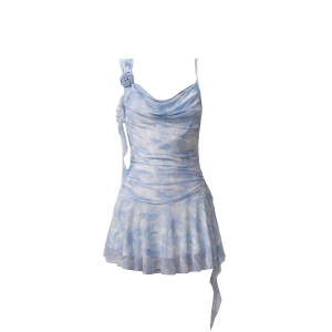 Lightweight Blue Rose Ribbon Dress with Gradient Tulle and Spaghetti Straps - Romantic Floral Style for Summer Events