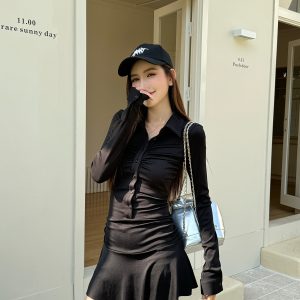Lightweight Sporty Slim Waist Pleated A-Line Dress for Women, Spring Polo Collar Long Sleeve Style, Casual Chic Look