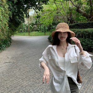 Long Sleeve Imitation Linen Shirt for Women - White Loose Summer Top with Sun Protection - Casual Intellectual Relaxation Style