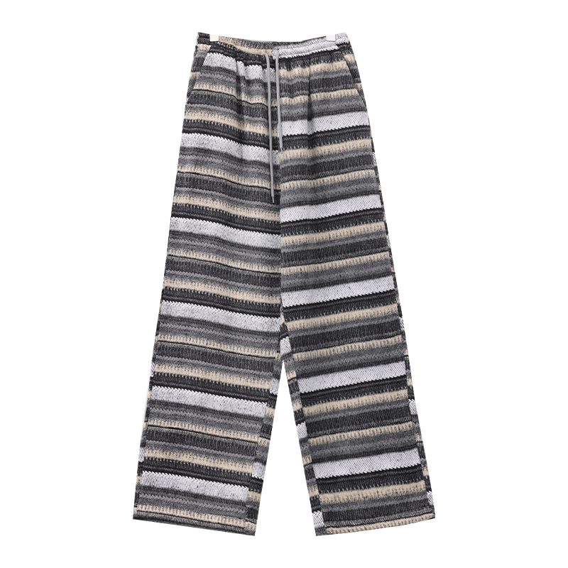 Loose Tea Cocoa Striped Thickened Wool Wide-Leg Pants for Women, Elastic Waist Straight Sweatpants, 90s Inspired Autumn Winter Fashion