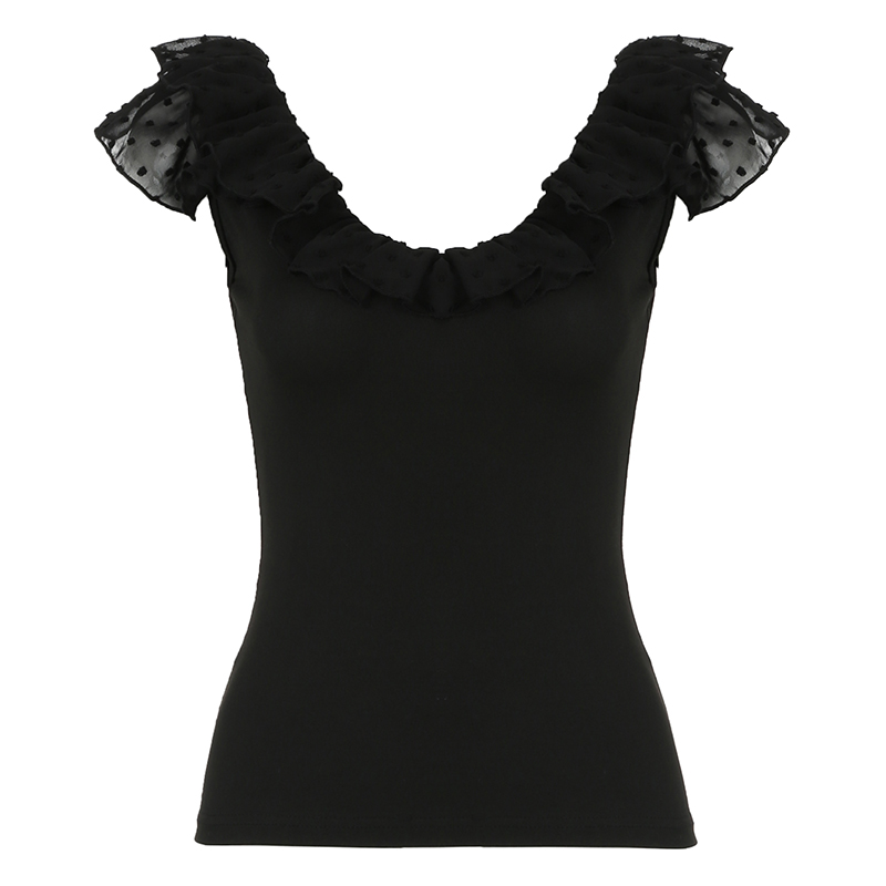Low-Neck Ruffled Backless Short Tank Top for Women with Flutter Sleeves - Romantic French Vacation Style, Slim Fit