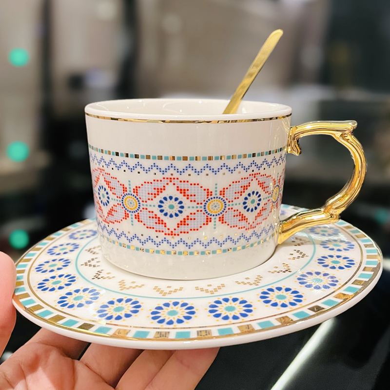 Luxury European-Style Mosaic Gilded Coffee Cup and Saucer Set with Spoon - Elegant Ceramic Afternoon Tea Tableware