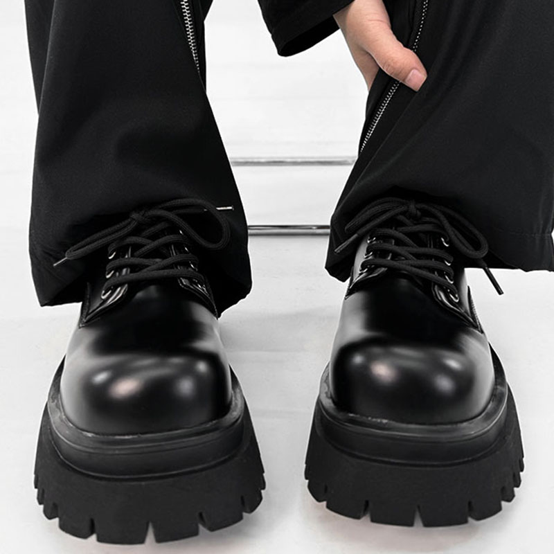 Men's Black Derby Shoes, Round Toe, Thick Sole, Genuine Leather, British Style, Commuter Footwear for Couples
