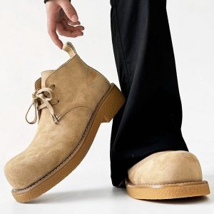 Men's Brown Suede Martin Boots - Round Toe British Style Work Boots for Winter, Big Head Design, Comfortable Derby Shoes