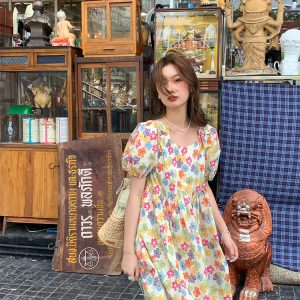 Midsummer Afternoon Retro Floral Short Sleeve Dress for Women, Summer Puff Sleeve A-Line High Waist Long Skirt, Vintage Style