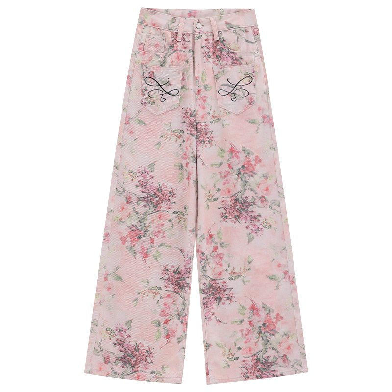 Midsummer Rose Floral Printed Denim Pants for Women, Casual Wide-Leg Trousers, Summer 2023 Chinese Style Fashion
