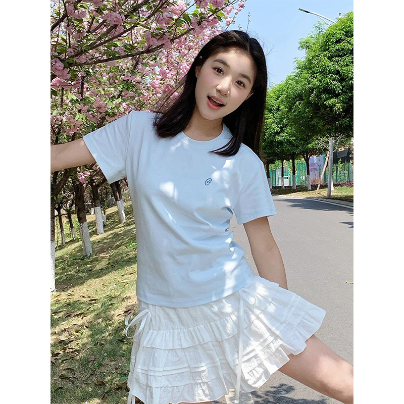 Milk Blue Slim Fit Shoulder-Strap T-Shirt for Women, Casual Summer Top, Short Sleeves, College Style, Trendy Versatile Fashion