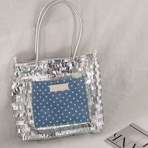 Mini Silver Sequin Tote Bag with Blue Polka Dot Canvas - Versatile Commuting Handbag, Shoulder & Crossbody Style