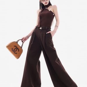 Minimalist Coffee Color Pleated Wide-Leg Pants for Women - Casual Loose Draped Trousers, Spring/Summer Fashion Essentials