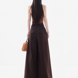 Minimalist Coffee Color Pleated Wide-Leg Pants for Women - Casual Loose Draped Trousers, Spring/Summer Fashion Essentials