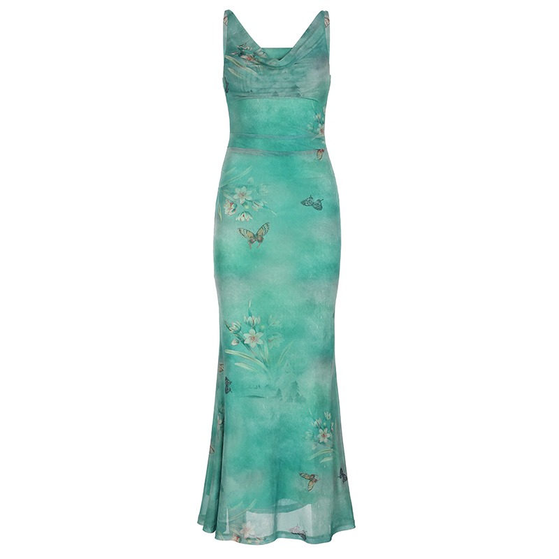 Mint Gradient Butterfly Strap Dress - Women's Fish Tail Long Skirt for Fresh Feel - Trendy Y2K Style