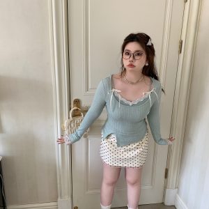 Mint Green Bow Design Top - Sweet Girl Style, Slightly Chubby Fit, First-Generation Knitwear, Y2K Fashion