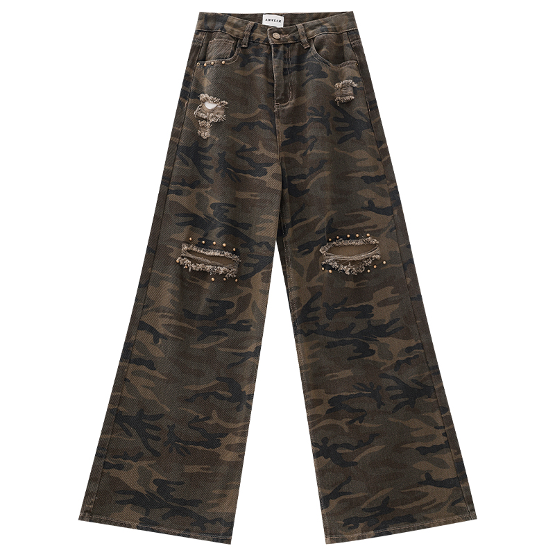 Misty Forest Camouflage Ripped Jeans for Women - Summer Thin Loose Wide-Leg Pants, Casual Y2K Style