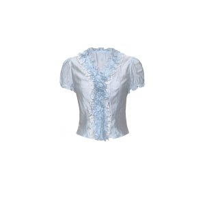 Misty Girl Gray-Blue French Floral Puff Sleeve Short-Sleeve Top - Y2K Inspired Fashion Blouse for Women