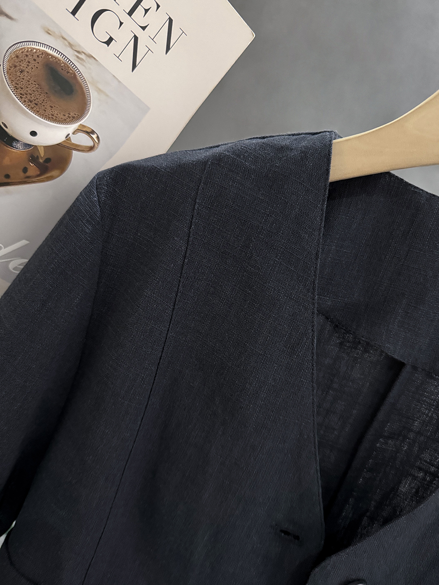 Navy Blue Minimalist Linen Short Sleeve Coat for Women - Vintage Light Luxury Summer 2025 Fashion Top