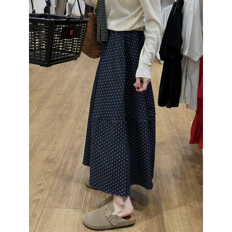 Navy Blue Polka Dot Plus Size Midi Skirt for Women - Flattering A-Line Patchwork Design, Summer 2025, Perfect for Curvy Figures