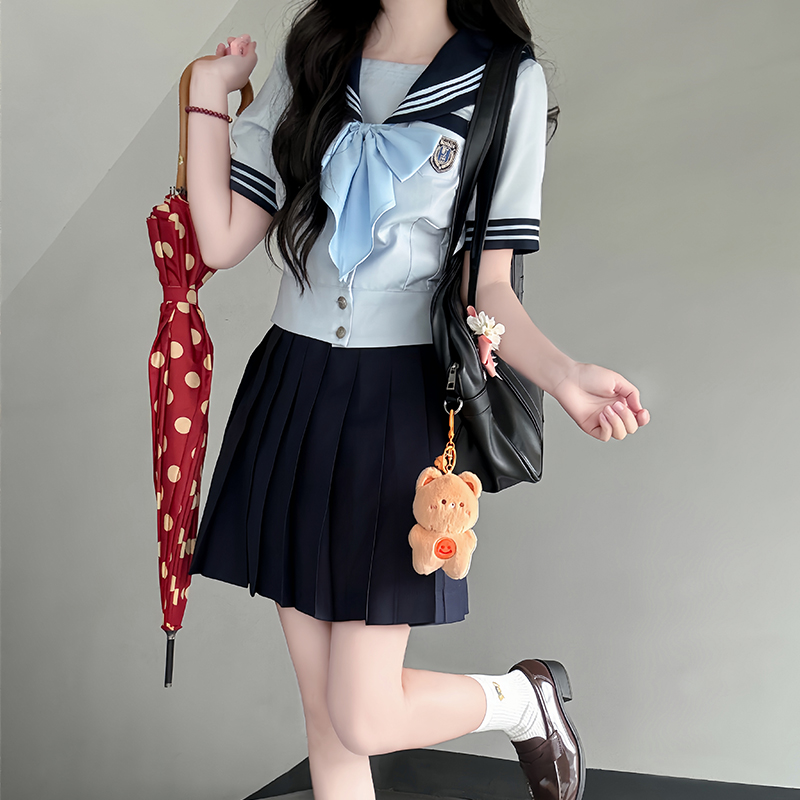 Navy Collar Japanese JK Uniform Sailor Suit Set with Waist-Defined Design - College Style Pudding Bear Aesthetic