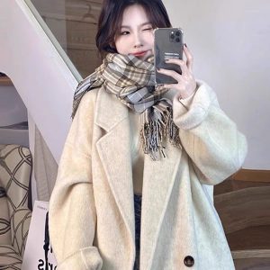 Oatmeal Cashmere Coat for Women, Mid-Length 2024 Winter Korean Style High-End Down Jacket with Thick Inner Lining Outerwear
