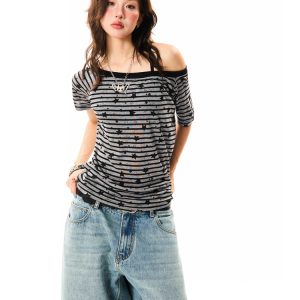 Off-Shoulder Color-Blocking Striped T-Shirt for Women - Summer Spicy Girl Style, Versatile Short Sleeve Top