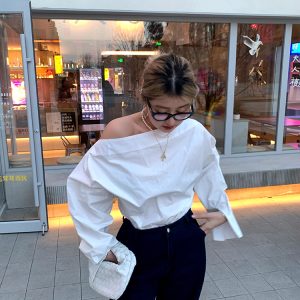Off-Shoulder Long Sleeve White Shirt for Women - Unique Spring Fashion Top, Trendy 90s Style