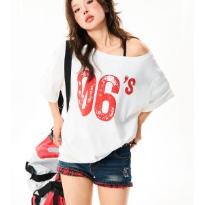 Off-Shoulder Short Sleeve T-Shirt for Women - Vintage Digital Print, Loose Fit, Summer Versatile Top, Y2K Style