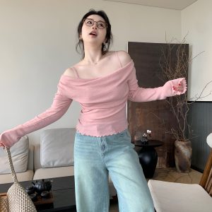 Off-Shoulder Solid Color Plus Size Knitted Shirt - High-End Feel, Slightly Chubby Style, Trendy Casual Top for Effortless Elegance