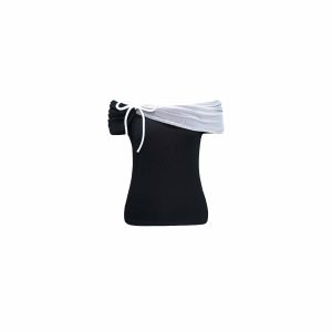 One-Shoulder Black and White Spliced Short Sleeve Top for Women - Sleepless Night Lazy Feel, Y2K Style, Trendy Fashion Piece